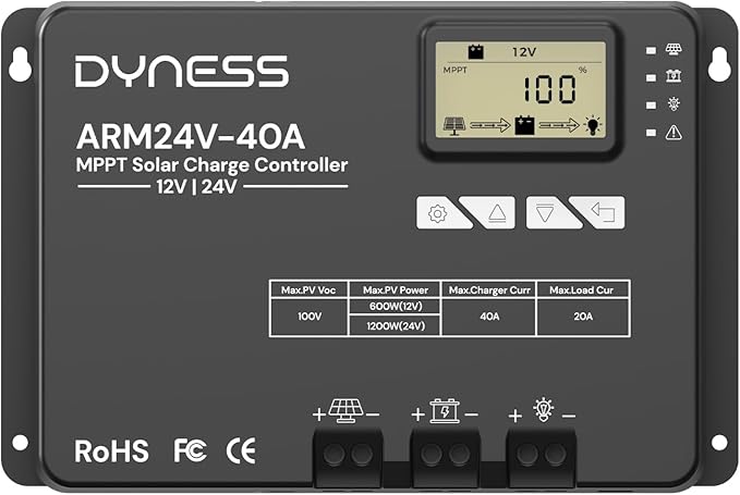 Dyness 40A 12V/24V Auto MPPT Solar Charge Controller  APP Control &amp LCD Display 40 Amp Solar Regulator for LiFePO4/AGM/Gel/FLD/SLD Batteries - RV Marine Off-Grid Systems