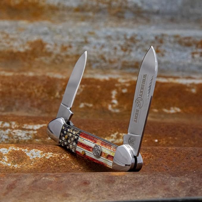 WHISKEY BENT HAT CO. Traditional Canoe Folding Camping Knife 3.63 Closed Length 440C Stainless Steel Blades (Patriot)