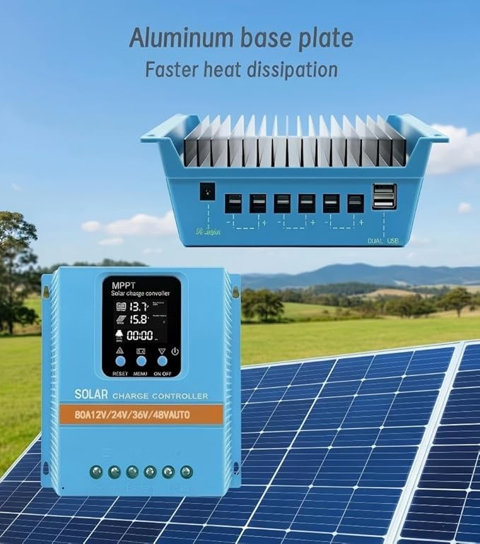 Solar Charge Controller 80A 12V 24V 36V 48V Intelligent Recognition LCD Display Battery Intelligent Regulator Maximum 100V Input Dual USB for Lead Acid/Lithium Battery