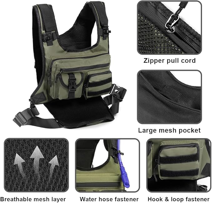 DONGKER Chest BagMulti-Pocket Hiking Travel Chest Pack with Zipper &amp MOLLE System for Hunting Cycling Climbing Fishing