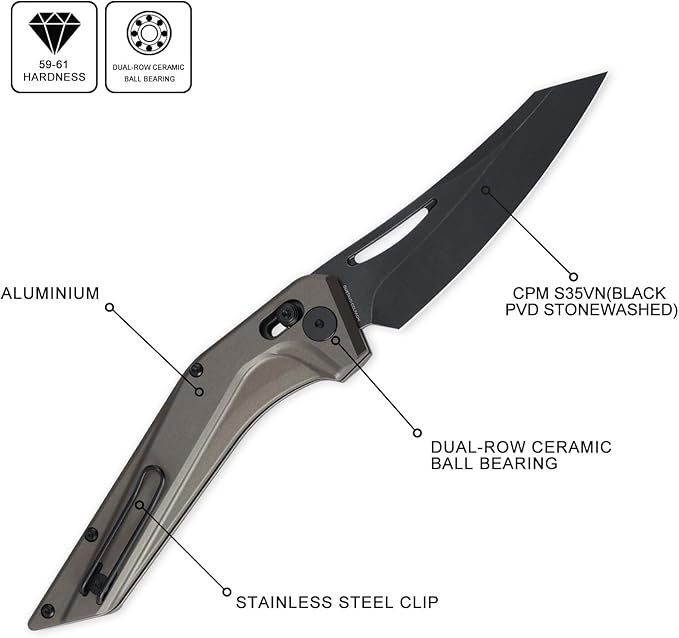 Petrified fish PFP15 Frigate Folding Knife3.82 CPM S35VN Steel Black Stonewashed Blade Aluminium Handle Pocket Knife for Camping Outdoor (Gray Aluminum &amp Black Finished)