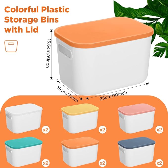 Thyle 12 Pack 7 Quarts Plastic Storage Bins Stackable Baskets with Lid and Handle with Label Colorful Desktop Box Toy Containers for Classroom Shelf Bedroom 10 x 7 x 6 Inch (White)