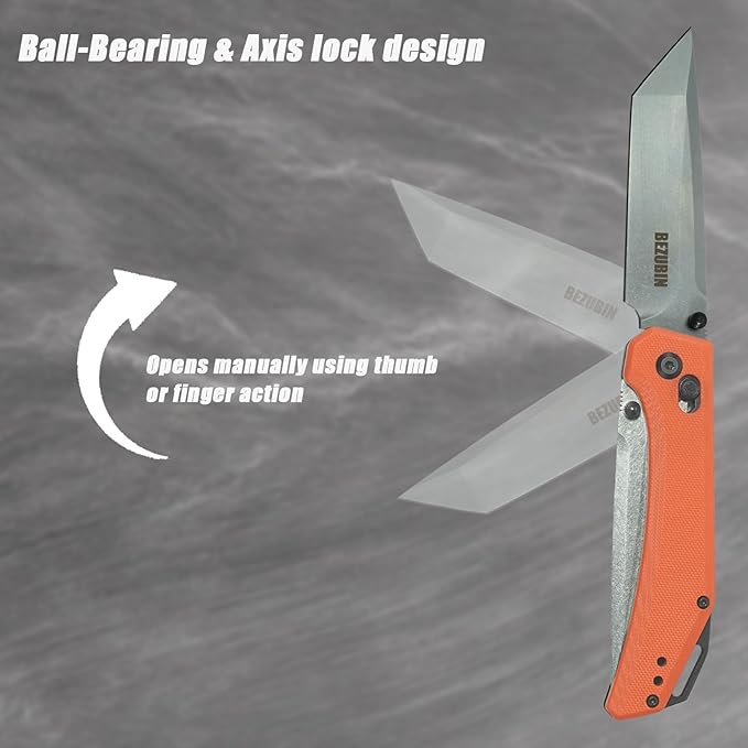 Axis Lock Folding Knife With Pocket Clip14C28N Steel BladeOrange G10 HandleEDC Pocket Knife for Camping Fishing Hiking Outdoor Survival