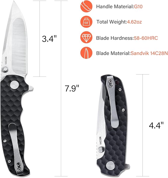 Men's Folding Pocket Knife – 3.4 Sandvik 14C28N Blade G10 Handle Ceramic Bearings Liner Lock Deep Pocket Clip – EDC Knife for Outdoor Hiking Survival Use