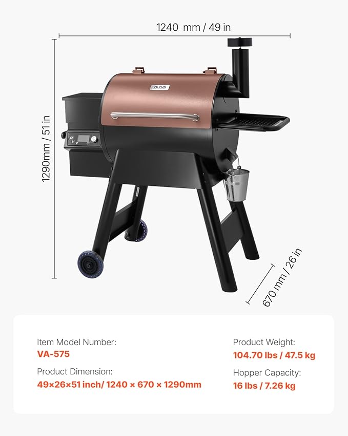 VEVOR Wood Pellet Grill Smoker 8 in 1 BBQ Grills for Outdoor Cooking 575 Square Inches Cook Area Electric Grill and Smoker with LCD Screen Controller Meat Probe 500°F Max Temperature Black