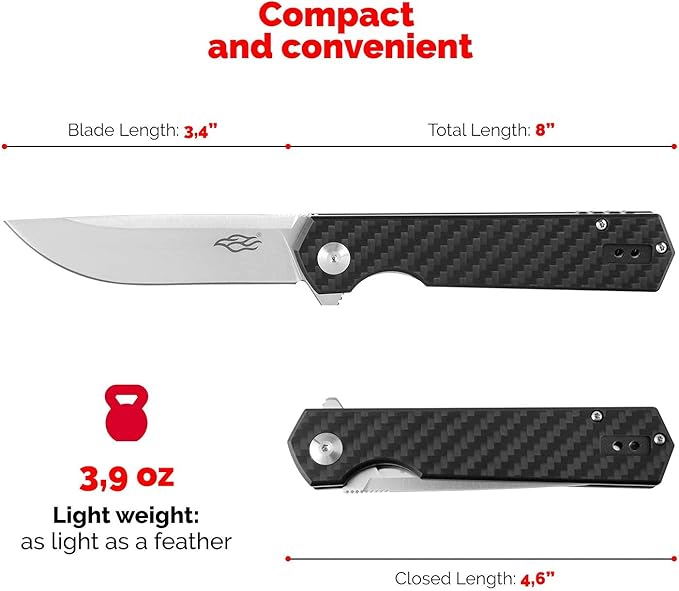 GANZO Firebird FH11 Top Pocket Folding Knife D2 Steel Flip Blade Carbon Fiber Handle with Clip Hunting Gear Fishing Camping Outdoor Folder EDC Knife (CF Black)