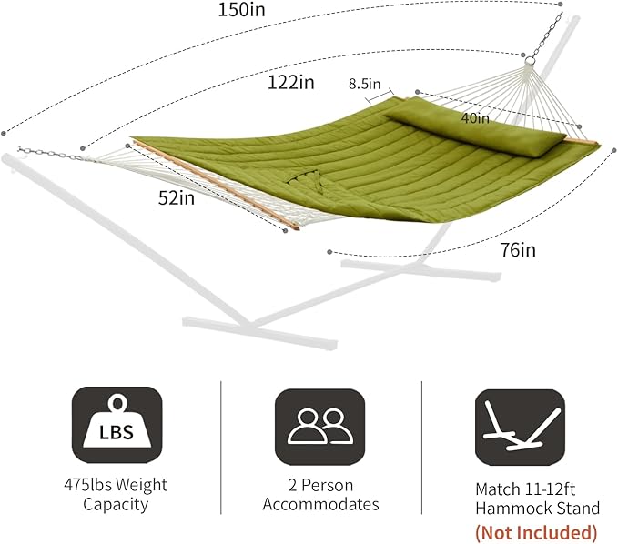 CHULIM Outdoor Double Hammock with Hardwood Spreader Bars Large Rope Hammock with Polyester Pad and Pillow 475 LBS Capacity for 2 Person Patio Backyard Poolside - Green