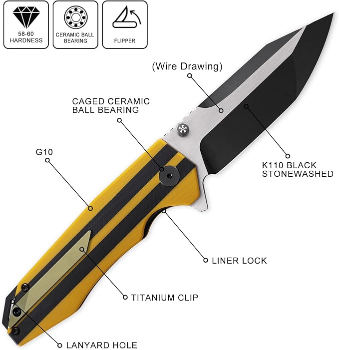 Petrified fish PFP08 Mocado Pocket Knife3.58 K110 Steel Black Stonewashed Blade 5.64oz G10 Handle Flipper Liner lock Folding knife (Yellow Black Stonewashed)