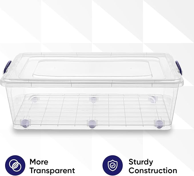 Superio Storage Bins with Lids- Clear Boxes for Organizing Stackable Plastic Containers- BPA Free Non-Toxic Odor Free Organizer for Home Office Dorm (8 Pack 42 Qt (Under Bed-Wheeled))