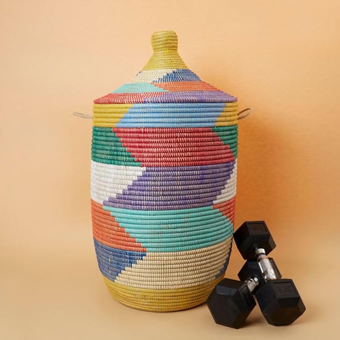 Large Basket with Lid and Handles Rainbow Colors 18 Inch Wide 30 Inch Tall