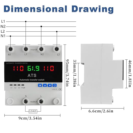 2P Automatic Transfer Switch with LCD Display 63A 110V Double Power ATS with 3 Digital Displays for Input Real-Time Volrage/Current Monitoring Automatic Changeover for Utility/Generator/Solar