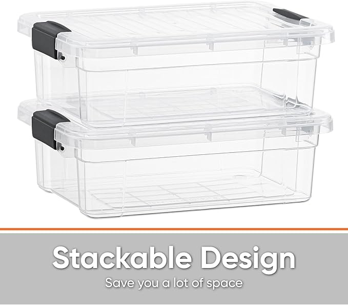 Superio Storage Bins with Lids- 4 Pack 7.4 Qt Clear Boxes for Organizing Stackable Plastic Containers- BPA Free Non-Toxic Odor Free Organizer for Home Office Dorm