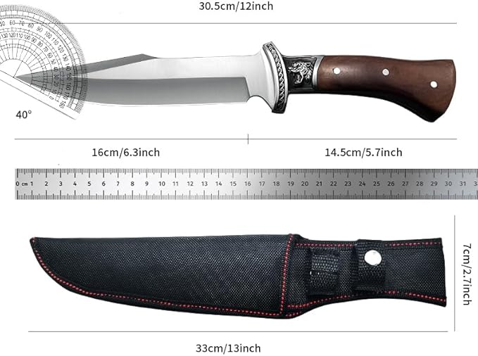 12 Fixed Blade Outdoor Knife with Nylon Sheath 6.3 9Cr18 Stainless Steel Full Tang Hunting Knife Ergonomic Solid Wood Handle with Wolf Head Relief Guard for Camping Survival &amp Fishing