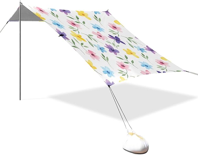 Wildflowers Beach Canopy Sun Shelter with Sandbags &amp Sand Shovel &amp Windproof Ropes - Portable 110x126 Beach Shade Beach Tent for Camping Picnics