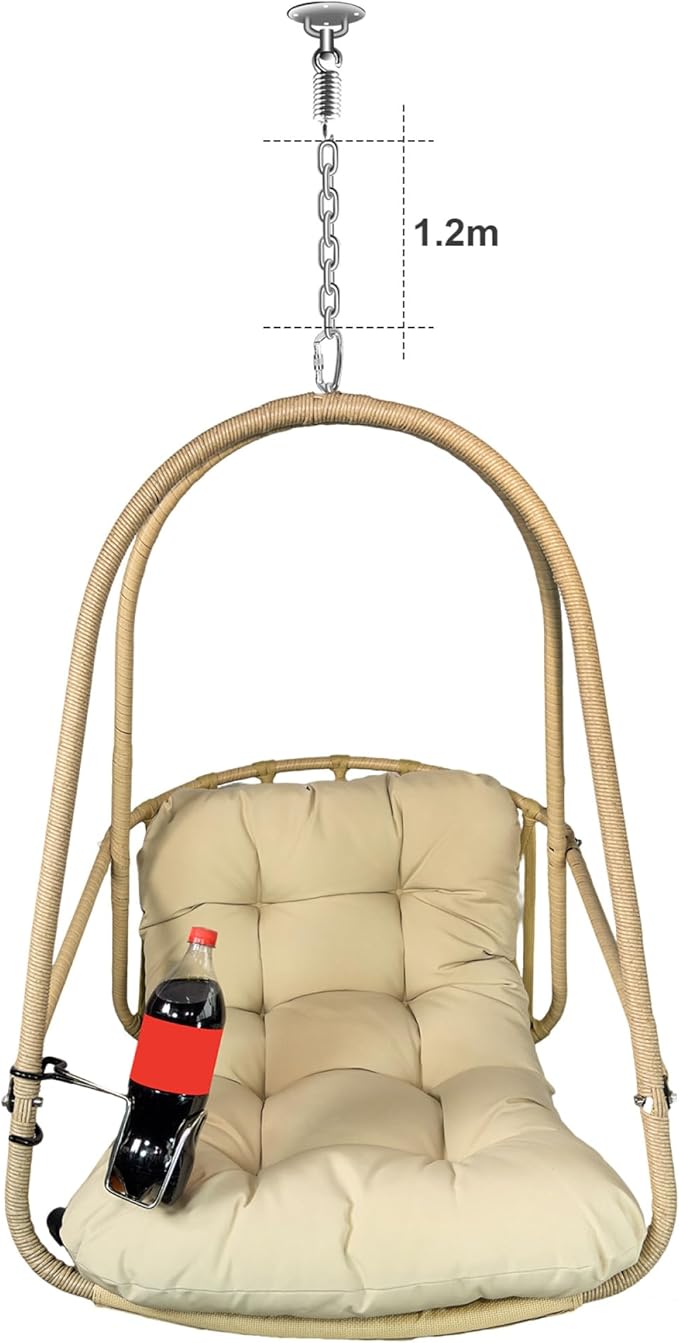 Foldable Rattan Hanging Egg Chair with Guardrail and Cup Holder for Indoor and Outdoor Relaxation in Patio Garden or Living Space - Ergonomic Design with Cushion and Pillow