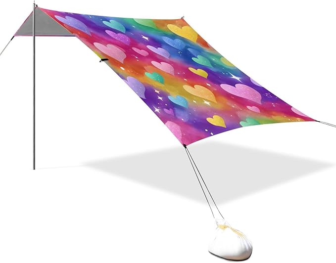 ALAZA Rainbow Love Hearts Stars Beach Tent Sun Shelter UPF50+ Protection Beach Shade Canopy w/ 4 Sandbags for Outdoor Camping Fishing Backyard Fun Picnic 10x9 ft