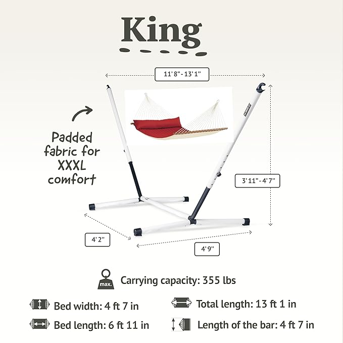 LA SIESTA® Alabama Quilted Hammock with Spreader Bar &amp Nautico Stand - Portable Weatherproof Large Outdoor Hammock with Stand 2 Person Hammock with Stand for Outside Patio Porch - XL King Red Pe