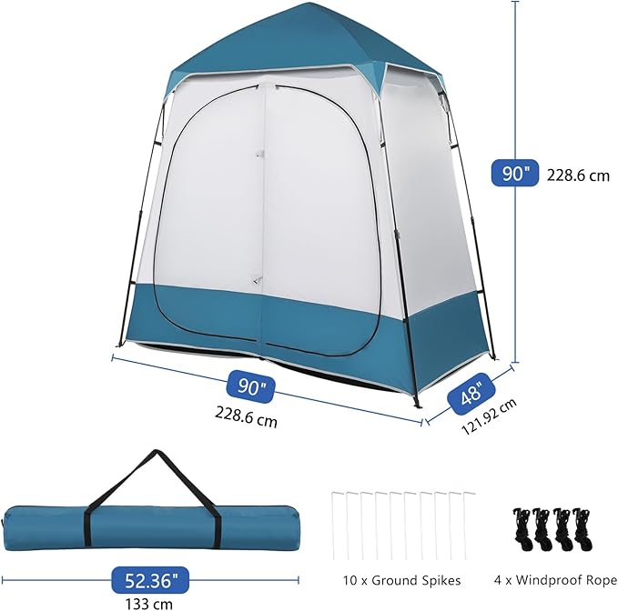 2 Room Pop Up Privacy Shower Tent 7.5 FT Changing Room Tent with Floor and Carry Bag Sun Shade Canopy Outdoor Rain Shelter for Portable Toilet Camping Dressing Hiking Beach (Blue and White)