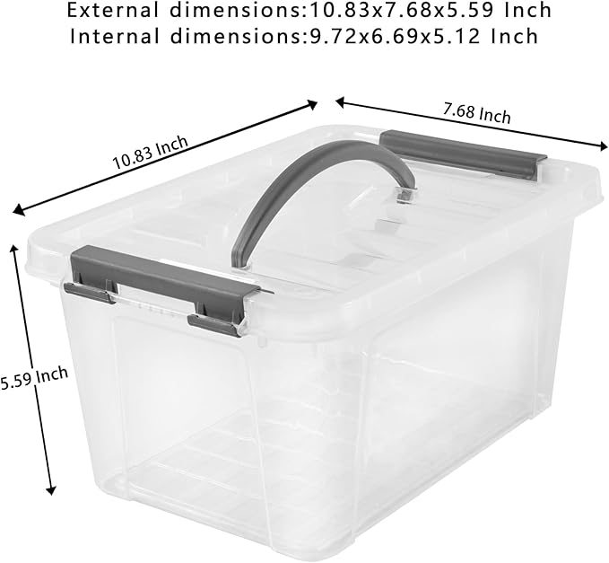 Eslite 6 Quart Plastic Stackable Storage Latch BinsClear Latching Box with Handle and LidPack of 6 (Grey Handle)
