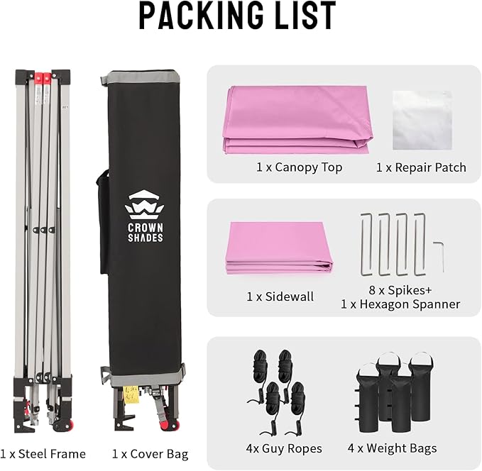 CROWN SHADES Canopy Tent 10 x 10 Foot Portable Pop Up Outdoor Shelter with 1 Sidewall Easy 1 Push Center Lock UV Protection and Carry Bag Pink