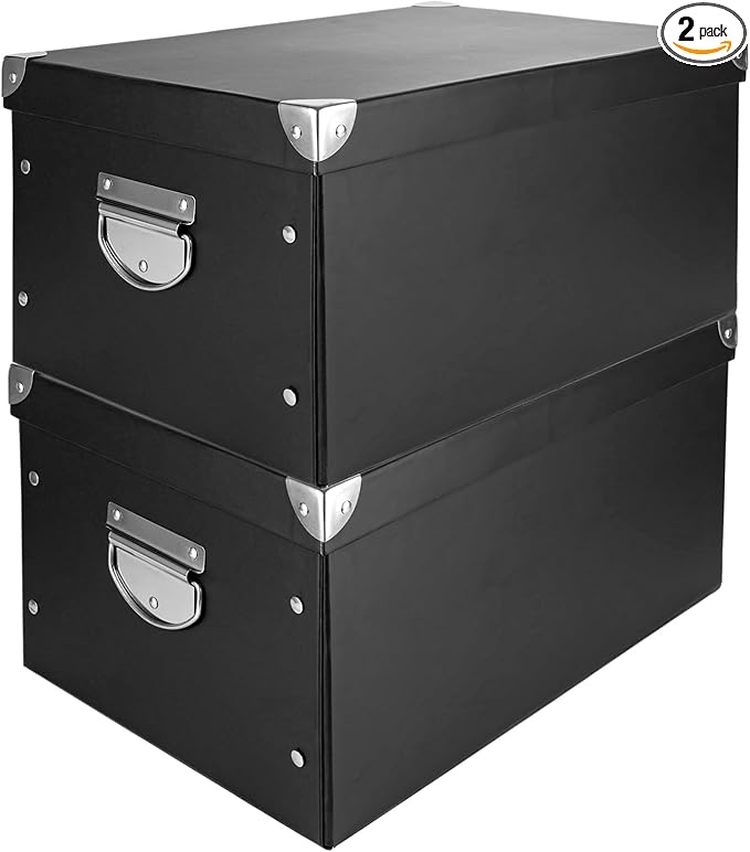 CertBuy 2 Pack Storage Box With Lid Folding Storage Box Black Decorative Cardboard Storage Boxes With Stainless Steel Carry Handle for ome Bedroom Closet Office