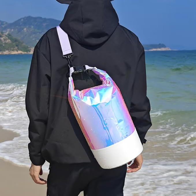 10L PVC Holographic Waterproof Dry Bag Double Shoulder Strap Beach Swimming Backpack Crossbody Waterproof Bucket Bag for Kayaking Boating and Outdoor Sports (10L)