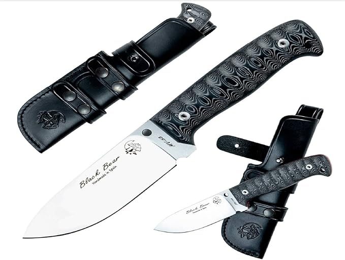 J&ampV Black Bear – Survival Knife for Camping Bushcraft Field Hunting Fishing Blade 11 cm Stainless Steel MOVA-58 Leather Sheath Made in Spain