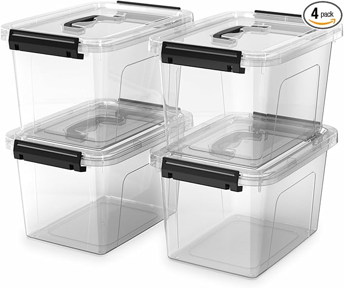 4 Pack Plastic Storage Bins with Lids and Handle Clear Plastic Latching Box for Storage Stackable Storage Containers for Organizing 5 Quart