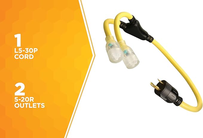 Coleman Cable 01915 3-Feet Generator Power Cord Adapter 10/3 Splitter Y Adapter L5-30P to (2) Lighted 5-20R