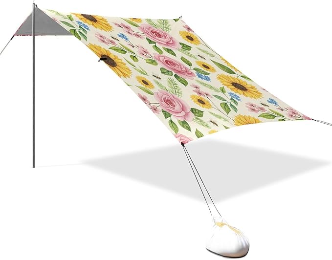 xigua Rose and Sunflower Beach Tent Sun Shelter with Carrying Bag - Silver Coated Oxford Fabric Beach Canopy for Beach Camping Fishing - Includes Windproof Ropes Sandbags &amp Stakes