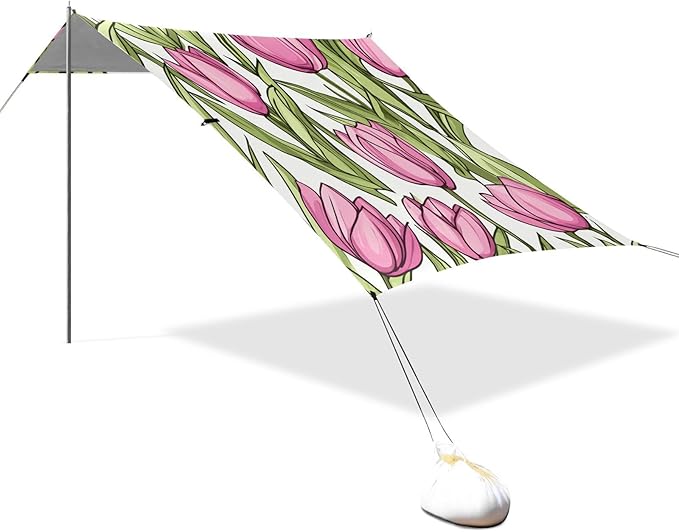 ALAZA Cute Doodle Spring Pink Tulips Beach Tent Sun Shelter Portable Canopy Sunshade for Outdoor Camping Picnics Backyard Fun 10x9 ft