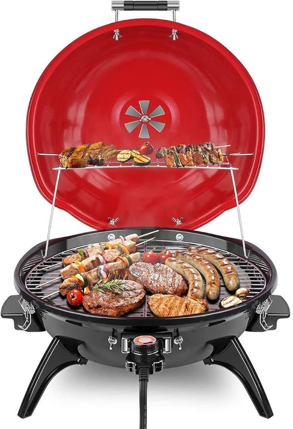 Electric BBQ Grill Techwood 15-Serving Indoor/Outdoor Electric Grill for Indoor &amp Outdoor Use Double Layer Design Portable Removable Stand Grill 1600W (Countertop BBQ Grill)