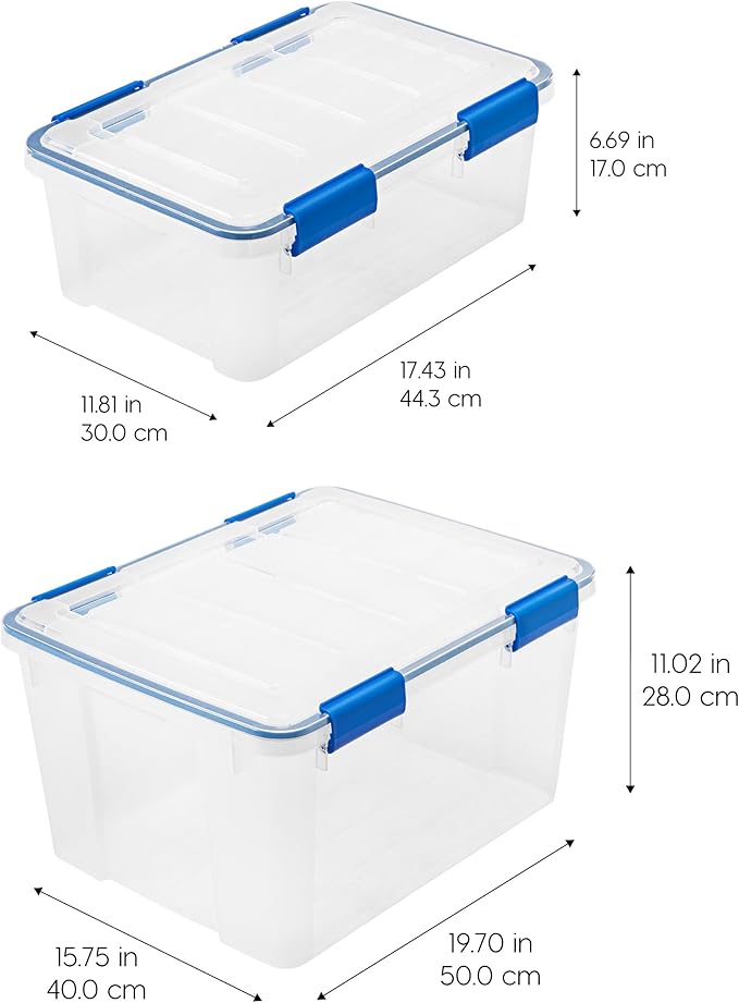 IRIS USA WeatherPro 27 &amp 44 Qt Storage Bins with Lids 4 Pack BPA-Free Plastic Gasket Box with Tight Latch and Seal Stackable Nestable Tote Tub - Clear/Blue
