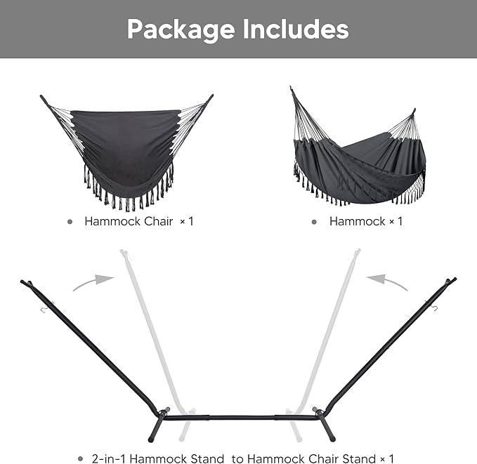 SUNCREAT 2-in-1 Hammocks Convertible Portable Double Hammock with Stand Included Outdoor Hammock and Stand Patented Dark Grey with Tassel