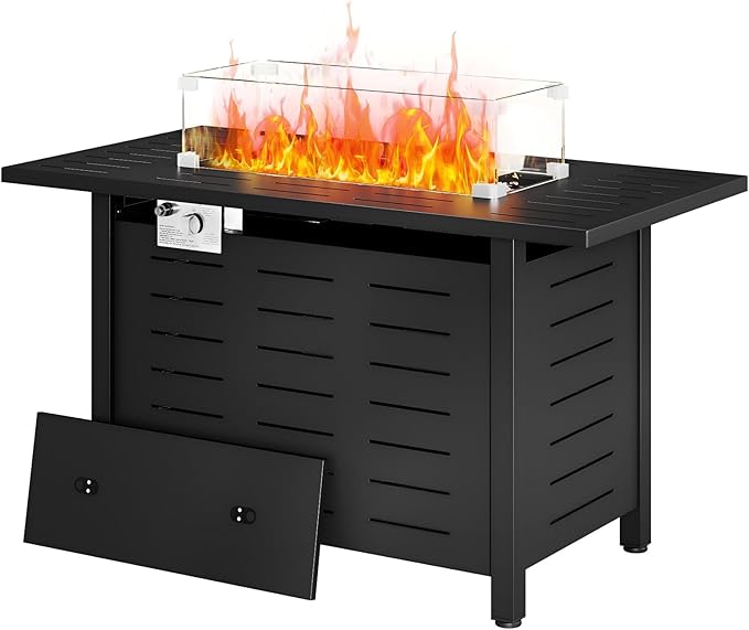 Aoxun 44 Propane Fire Pit Table– 60000 BTU Outdoor Gas Fire Pits with Removable Lid &amp Waterproof Cover Lava Rocks Rectangle Gas Firepit Table for Outside Patio Black
