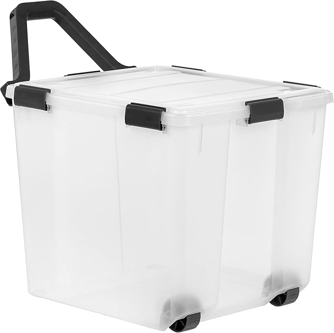 IRIS USA 106 Quart WEATHERPRO Wheeled Plastic Storage Bin Tote Organizing Container with Durable Lid and Seal and Secure Latching Buckles Clear/Black 3 Pack