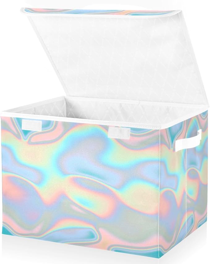 Blue Gradient Wavy Storage Box with Lid Collapsible Fabric Storage Quart Storage Containers for Dorm Room Office Basket