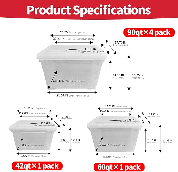 Clear Storage Bins with Lids 4 Pack - 90 Quart Extra Large Storage Totes Boxs - Heavy Duty BPA-Free Organizing Containers Storage Boxes 4pack 90 and one 60 qt &amp 42qt for Home Closet