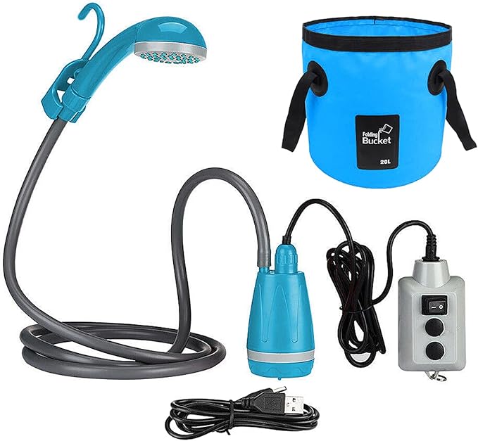 ACAGALA Outdoor Camping Shower Pump USB Rechargeable Shower Head with Folding Bucket for Camping Hiking Traveling