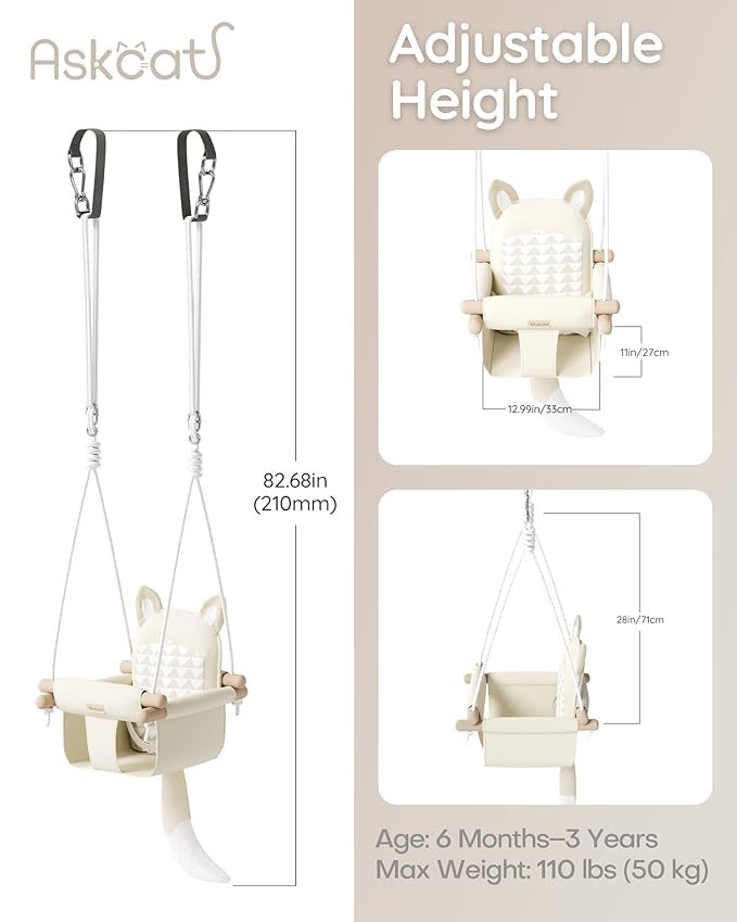 Wooden Hanging Baby Swing with Soft Safety Belt Cozy Infant Swing Seat for Indoor &amp Outdoor Use Adjustable Height Includes Mounting Hardware – Suitable for Babies &amp Toddlers(Fox-Themed in B