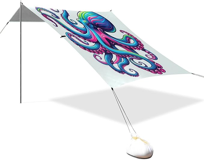 ALAZA Rainbow Octopus Beach Tent Sun Shelter UPF50+ Protection Beach Shade Canopy w/ 4 Sandbags for Outdoor Camping Fishing Backyard Fun Picnic 10x9 ft