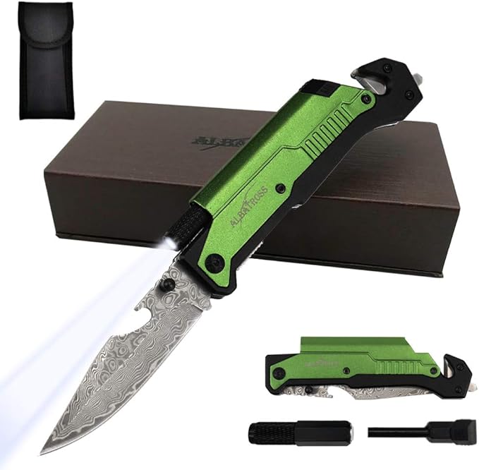 ALBATROSS 6-in-1 Modern Damascus Steel Folding Pocket Knives with LED LightSeatbelt CutterGlass BreakerMagnesium Fire StarterBottle OpenerMulti-Function Emergency Tool(Green-DA)