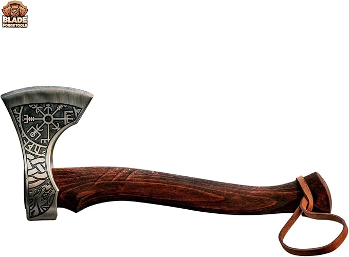 Fenrir &amp Vegvisir Camping Hatchet – Hand-Forged Tomahawk Axe with Premium Leather Sheath | Ideal for Camping Throwing &amp Outdoor Use