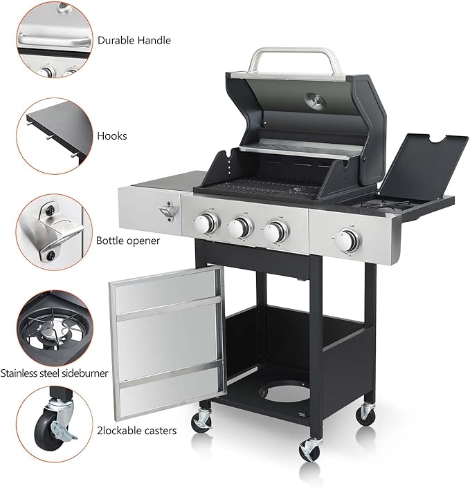 3-Burner Propane Gas BBQ Grill with Side Burner &amp Porcelain-Enameled Cast Iron Grates 37230 BTU Output Stainless Steel Grill for Cooking Kitchen Patio Backyard Barbecue