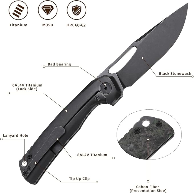 Pocket Knife 3.5 M390 Blade Folding Knife Hunting Knife Survival Knife with Pocket Clip EDC Knives for Hunting Camping Survival Outdoor Fishing Hiking (Black&ampGreen)