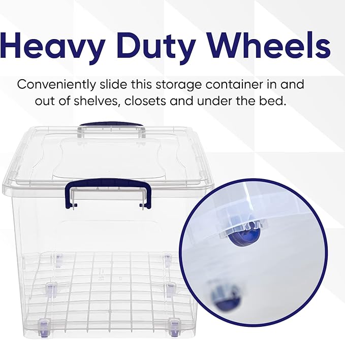 Superio 44 Qt Clear Plastic Storage Bin with Lid and Wheels Non-Toxic BPA Free Odor Free Organizer Storage Box Stackable Plastic Tote for Home Garage Closet