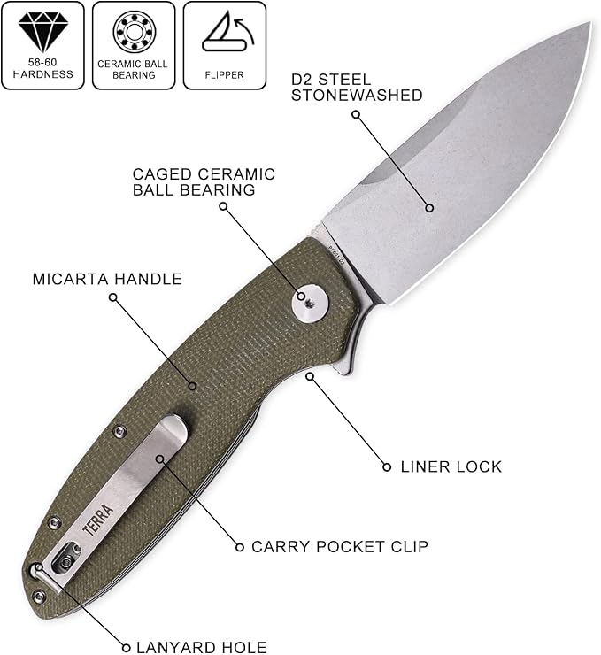 Petrified fish PFB01 Terra3.54 D2 Steel Blade Micarta Handle Flipper Liner lock Folding knife (Green)