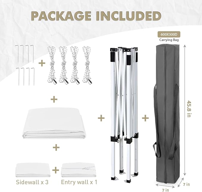 EAGLE PEAK 5x5 Instant Canopy with 4-Side Wall Panels Small Pop up Portable Canopy Tent with Carry Bag Light Weight Sun Shelter for Sports Camping and Beach White