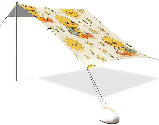 ALAZA Cute Duck Daisy Flower Beach Tent Sun Shelter UPF50+ Protection Beach Shade Canopy w/ 4 Sandbags for Outdoor Camping Fishing Backyard Fun Picnic 10x9 ft