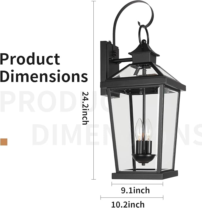 JYZ Dusk to Dawn Outdoor Wall Sconce 24 Inch Waterproof Exterior Wall Lantern with Textured Glass 2-Light Anti-Rust Classic Porch Light for Front Door Garage Patio Yard JYOWL06-BK-L